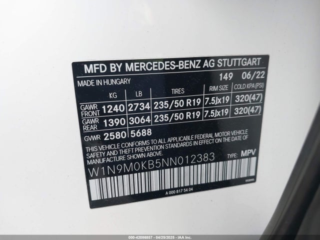 W1N9M0KB5NN012383 Mercedes-Benz Eqb 300 Suv 4matic