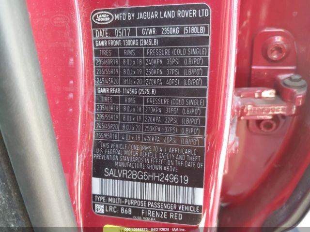 2017 LAND ROVER RANGE ROVER EVOQUE SALVR2BG6HH249619 Photo 8