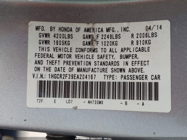 1HGCR2F39EA204167 Honda ACCORD LX
