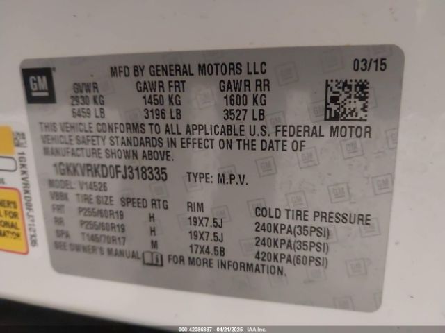 1GKKVRKD0FJ318335 GMC Acadia Slt-1