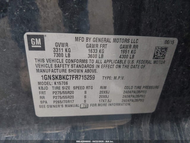 1GNSKBKC7FR715259 Chevrolet Tahoe Lt