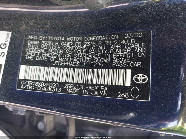 JTDEPRAE3LJ115206 Toyota COROLLA LE
