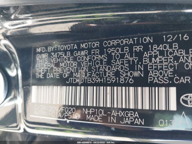 JTDKDTB39H1591876 Toyota Prius C Three