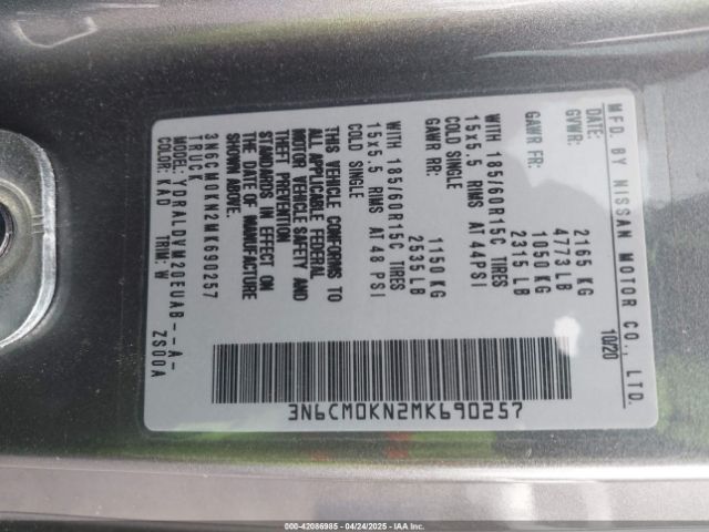 3N6CM0KN2MK690257 Nissan Nv200  Cargo S Xtronic Cvt