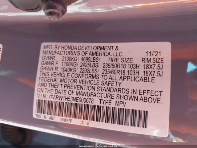 7FARW1H53NE000678 Honda Cr-v 2wd Ex