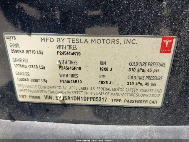 2013 TESLA MODEL S 5YJSA1DN1DFP05317 Photo 8