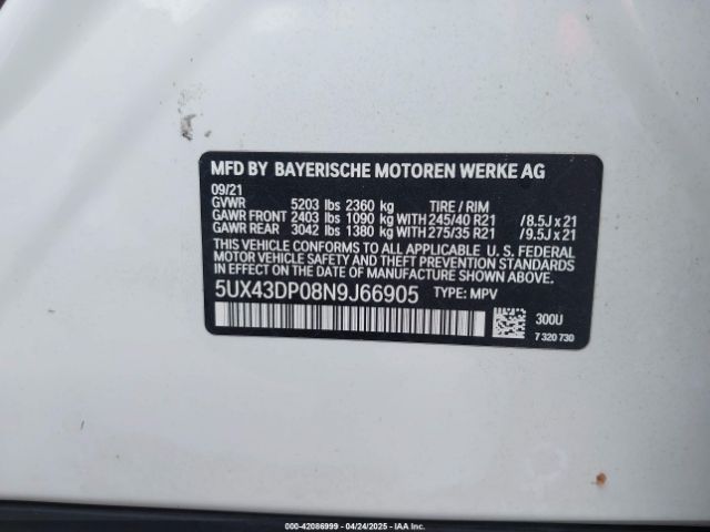 5UX43DP08N9J66905 BMW X3 Sdrive30i