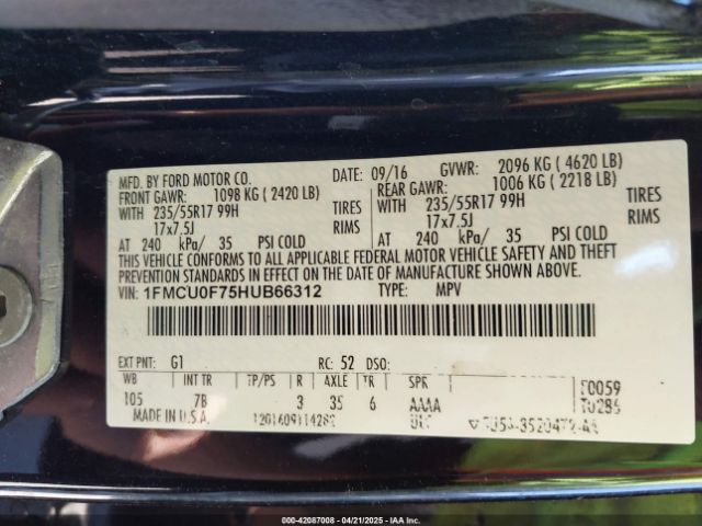 1FMCU0F75HUB66312 Ford ESCAPE S