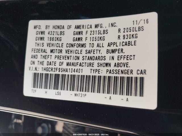 1HGCR2F95HA104401 Honda Accord Ex-l