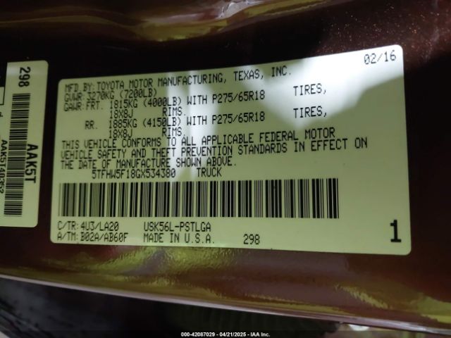 5TFHW5F18GX534380 Toyota Tundra Limited 5.7l V8