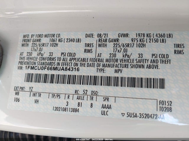 Ford ESCAPE S 2021 1FMCU0F66MUA84316 Image 9
