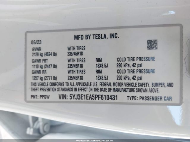5YJ3E1EA5PF610431 Tesla Model 3 Rear-wheel Drive