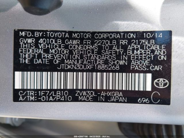 JTDKN3DUXF1885268 Toyota Prius Four