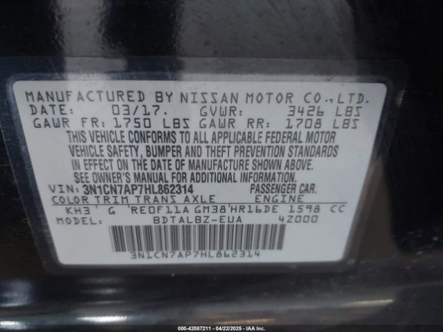 3N1CN7AP7HL862314 Nissan Versa 1.6 Sv