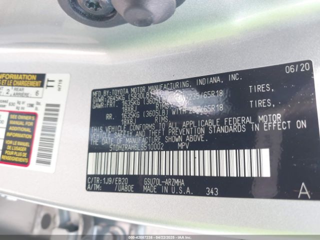 5TDHZRAH6LS510002 Toyota Highlander Xle