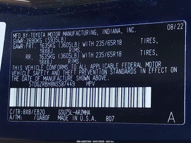 5TDGZRBH8NS587449 Toyota Highlander Xle