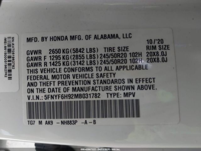 5FNYF6H92MB031782 Honda Pilot Awd Touring 8 Passenger