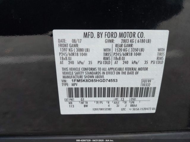 1FM5K8D85HGD74553 Ford EXPLORER XLT
