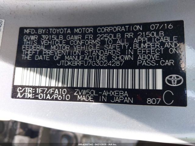 JTDKBRFU7G3024287 Toyota Prius Two