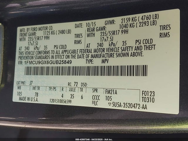 1FMCU9GX6GUB25849 Ford ESCAPE SE