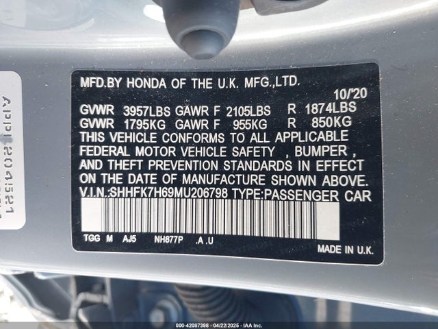 SHHFK7H69MU206798 Honda CIVIC EX