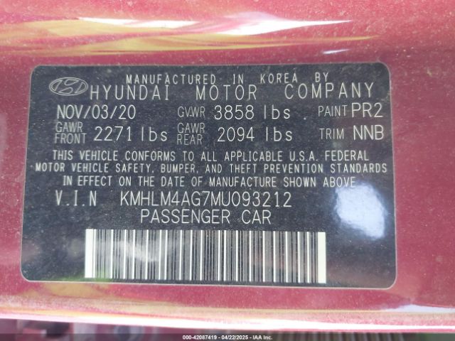 KMHLM4AG7MU093212 Hyundai ELANTRA SEL