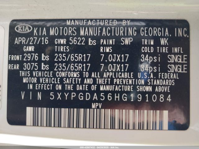 5XYPGDA56HG191084 KIA Sorento 3.3l Lx