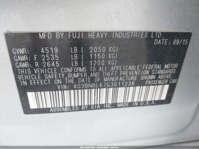 4S3BNBL67G3011236 Subaru Legacy 2.5i Limited