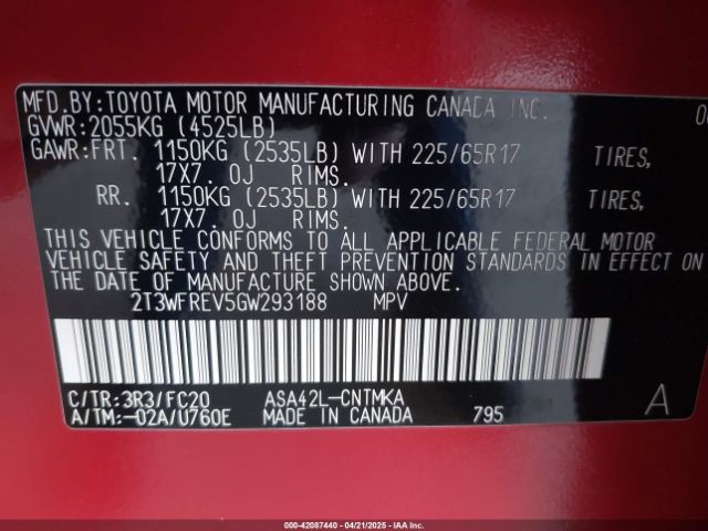 2T3WFREV5GW293188 Toyota Rav4 Xle