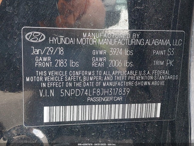 5NPD74LF8JH317839 Hyundai mpi nu