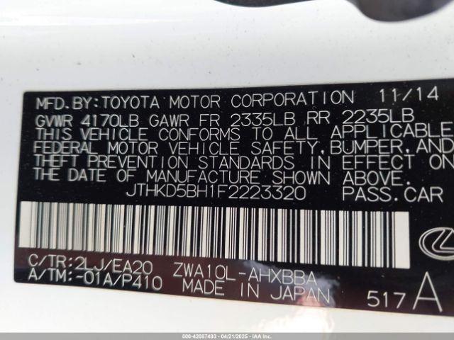 JTHKD5BH1F2223320 Lexus CT 200H