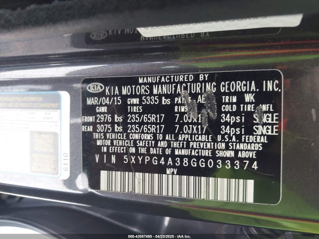 5XYPG4A38GG033374 KIA Sorento 2.4l Lx