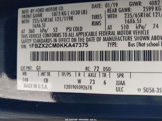 1FBZX2CM0KKA47375 Ford Transit-350 Xlt