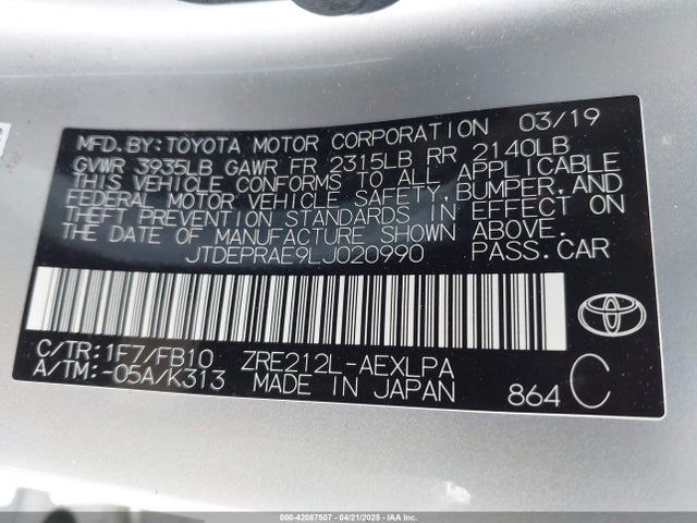 JTDEPRAE9LJ020990 Toyota COROLLA LE