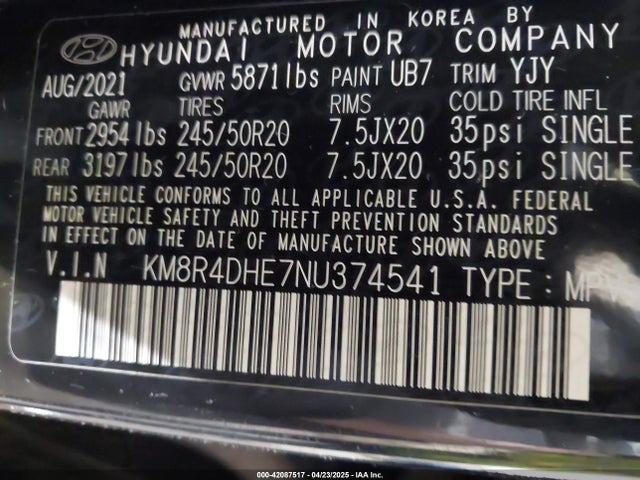 KM8R4DHE7NU374541 Hyundai Palisade Sel