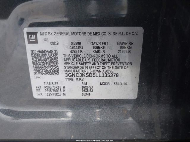 3GNCJKSB5LL135378 Chevrolet Trax Fwd Ls