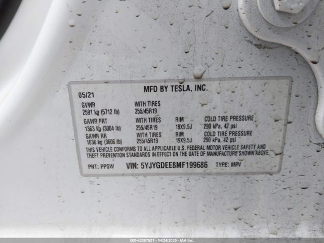 5YJYGDEE8MF199686 Tesla Model Y Long Range Dual Motor All-wheel Drive