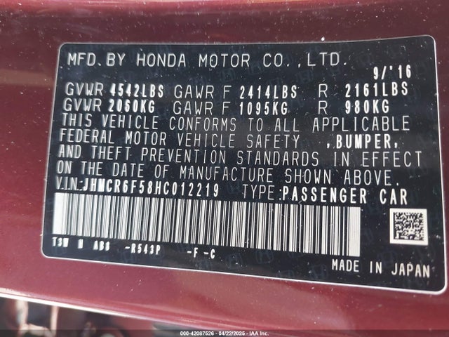 JHMCR6F58HC012219 Honda Accord Hybrid Ex-l