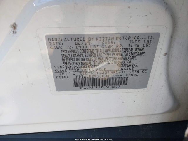 3N1CP5CU3KL500277 Nissan KICKS S