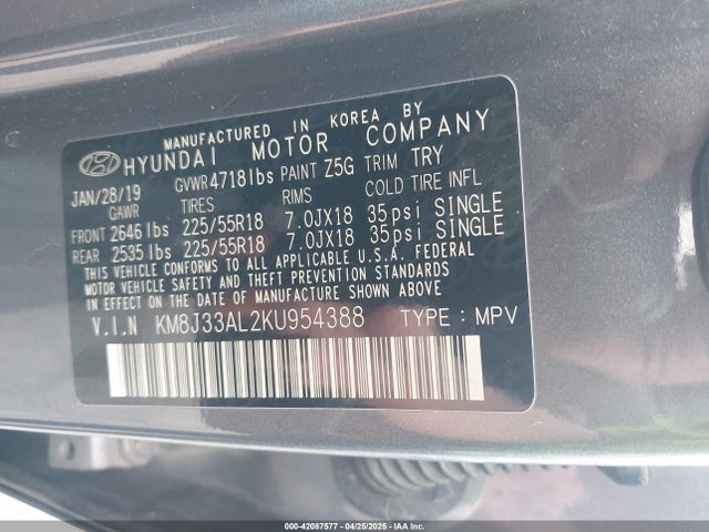 KM8J33AL2KU954388 Hyundai TUCSON SEL