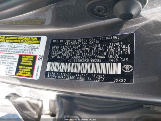 4T1B11HK5KU166295 Toyota CAMRY SE