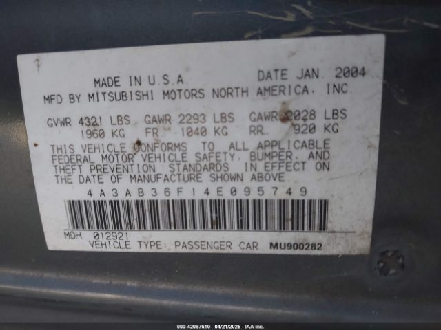 2004 MITSUBISHI GALANT 4A3AB36F14E095749 Photo 8