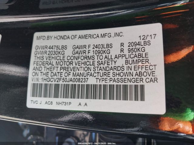 1HGCV2F50JA008237 Honda Accord Ex-l 2.0t