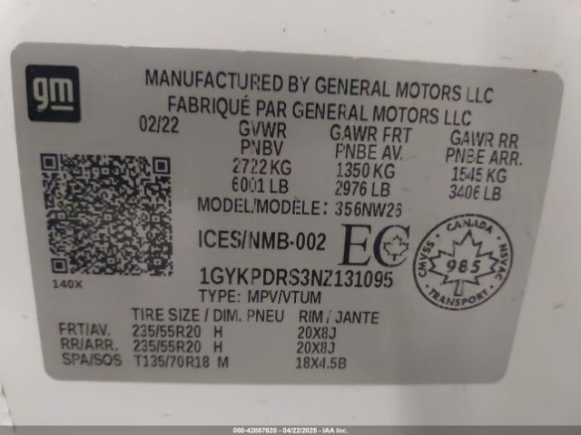 1GYKPDRS3NZ131095 Cadillac Xt6 Awd Premium Luxury