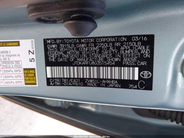 JTDKARFU8G3515454 Toyota 2zr-fxe,1nm