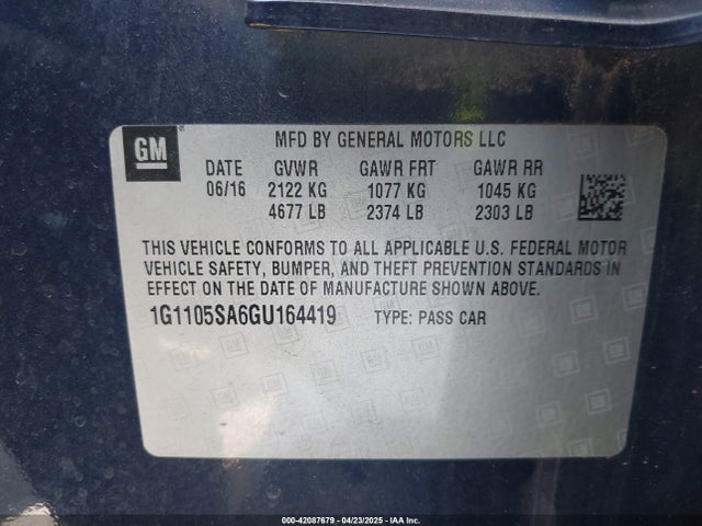 1G1105SA6GU164419 Chevrolet lcv -sidi, dcvcp, vvt, dcvcp, e85 max, e0-e100, aluminum