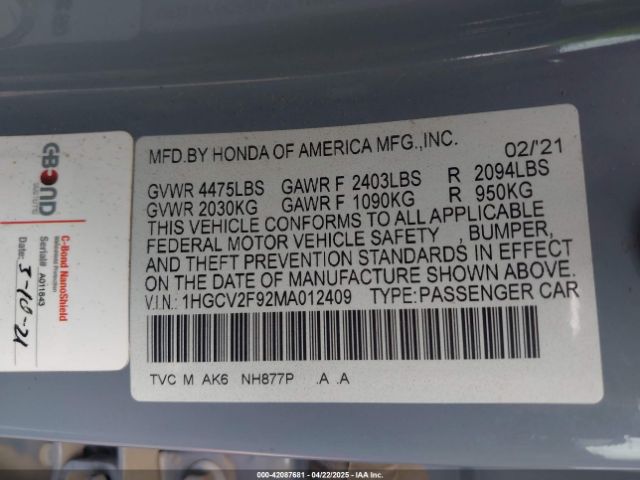 1HGCV2F92MA012409 Honda Accord Touring