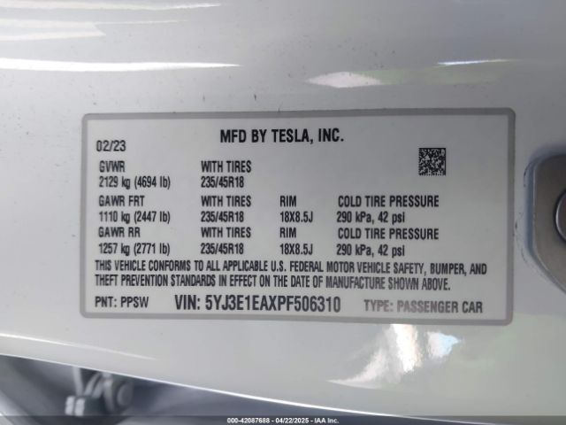 5YJ3E1EAXPF506310 Tesla Model 3 Rear-wheel Drive
