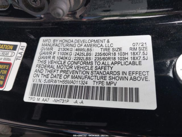 5J6RW1H55MA011324 Honda Cr-v 2wd Ex