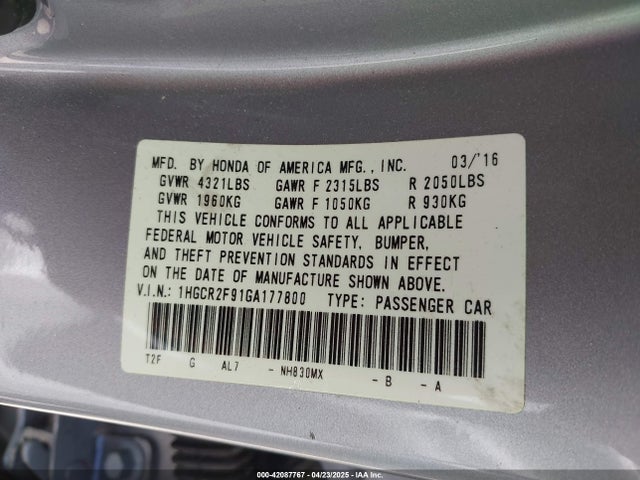 1HGCR2F91GA177800 Honda Accord Ex-l